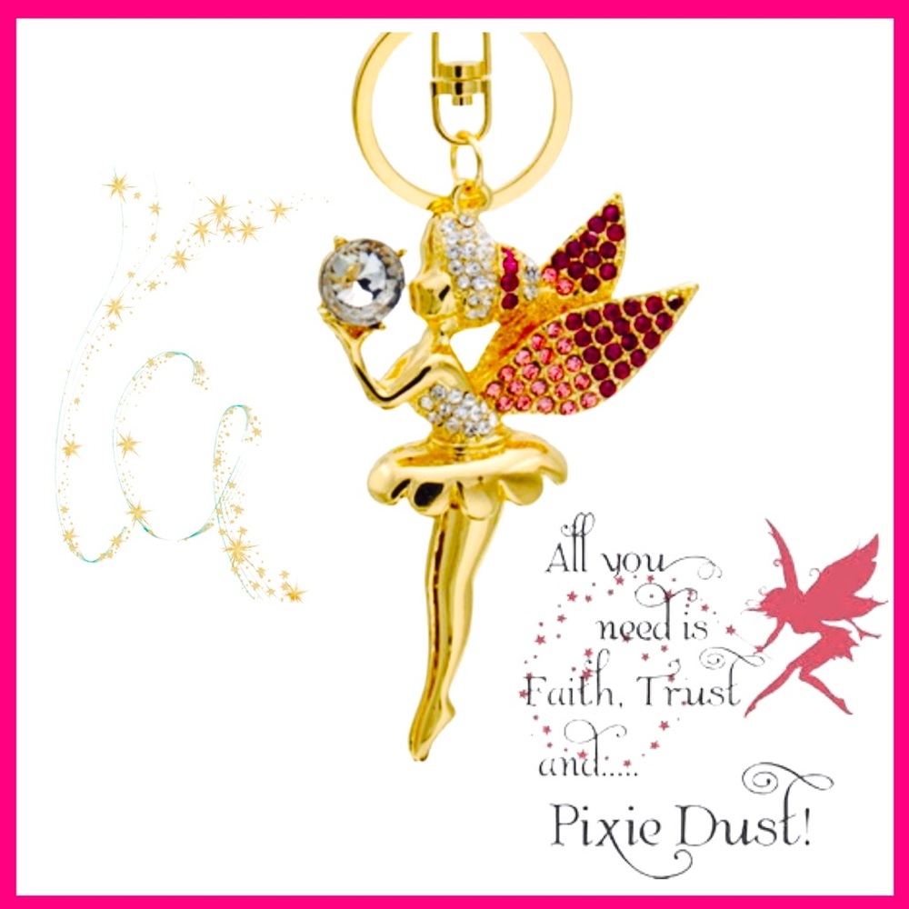 Fairy Keychain or Bag Charm, Gold With Pink and White Rhinestones